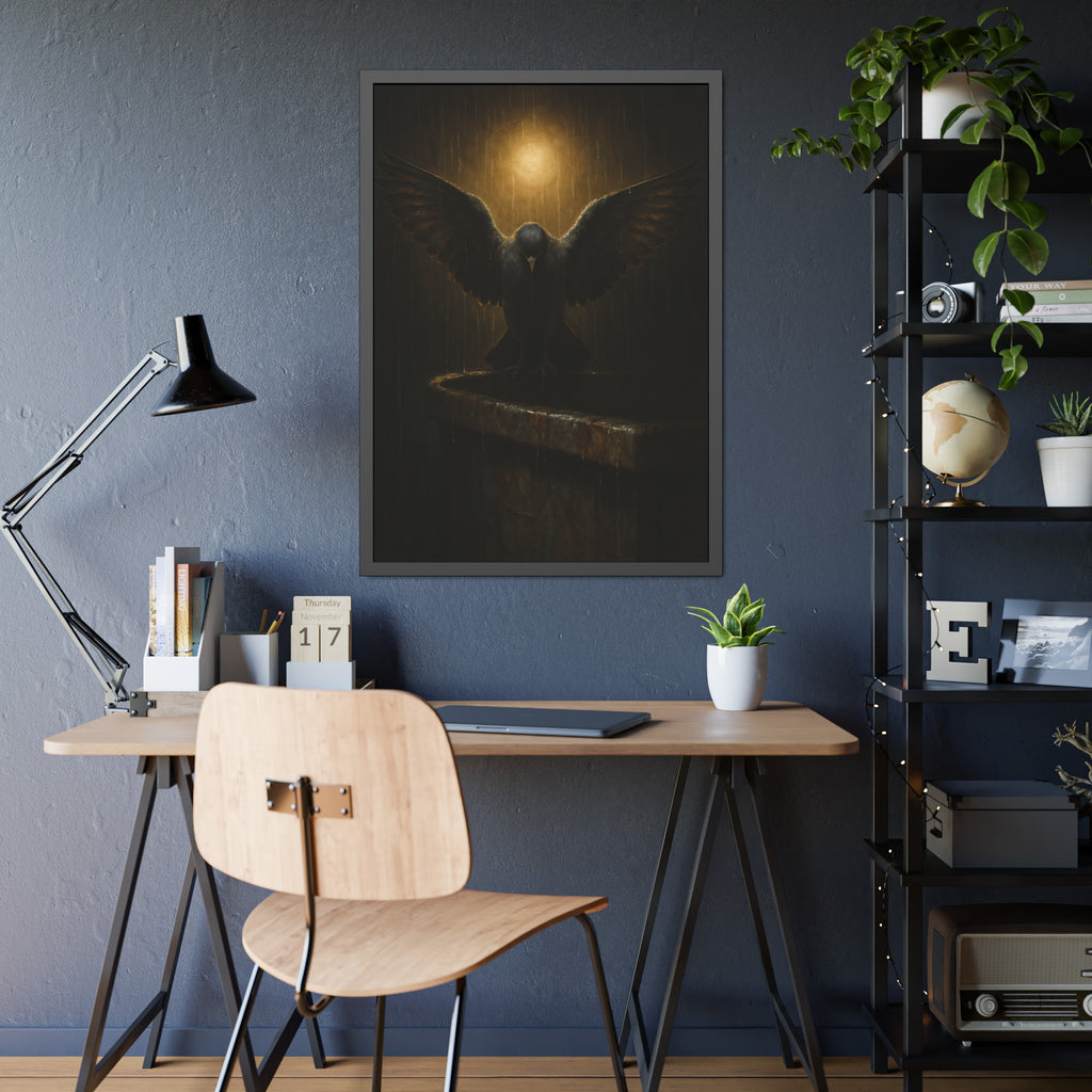 A pigeon with wings spread on a dumpster rim under a lamp in the rain. The Passion (Study in Rain) by Garabaggio, framed fine art print hanging in a room.