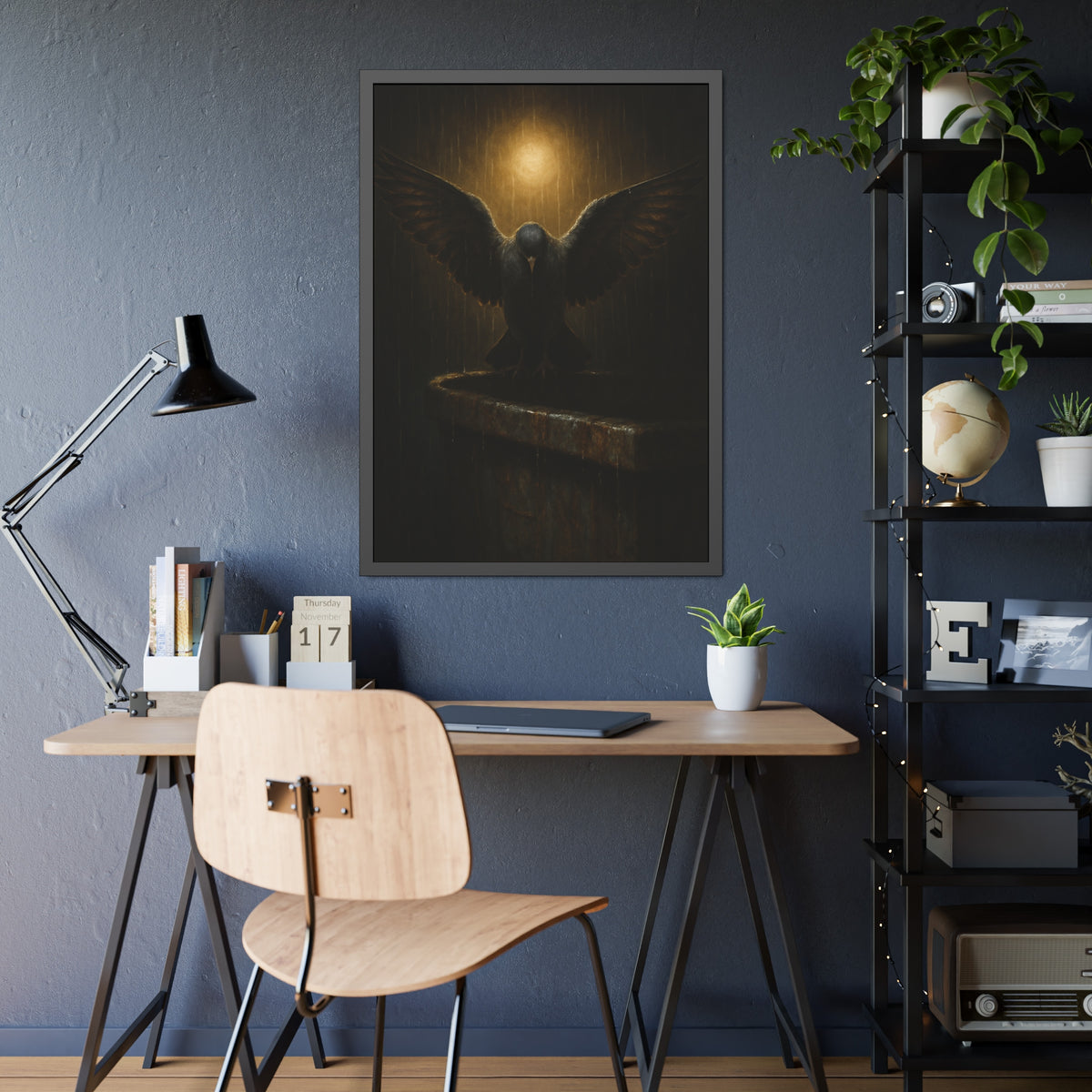 A pigeon with wings spread on a dumpster rim under a lamp in the rain. The Passion (Study in Rain) by Garabaggio, framed fine art print hanging in a room.
