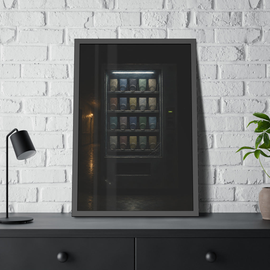 A fully stocked lit vending machine at the end of a dark corridor. The Full Grid at Closing by Garabaggio, framed fine art print hanging in a room.