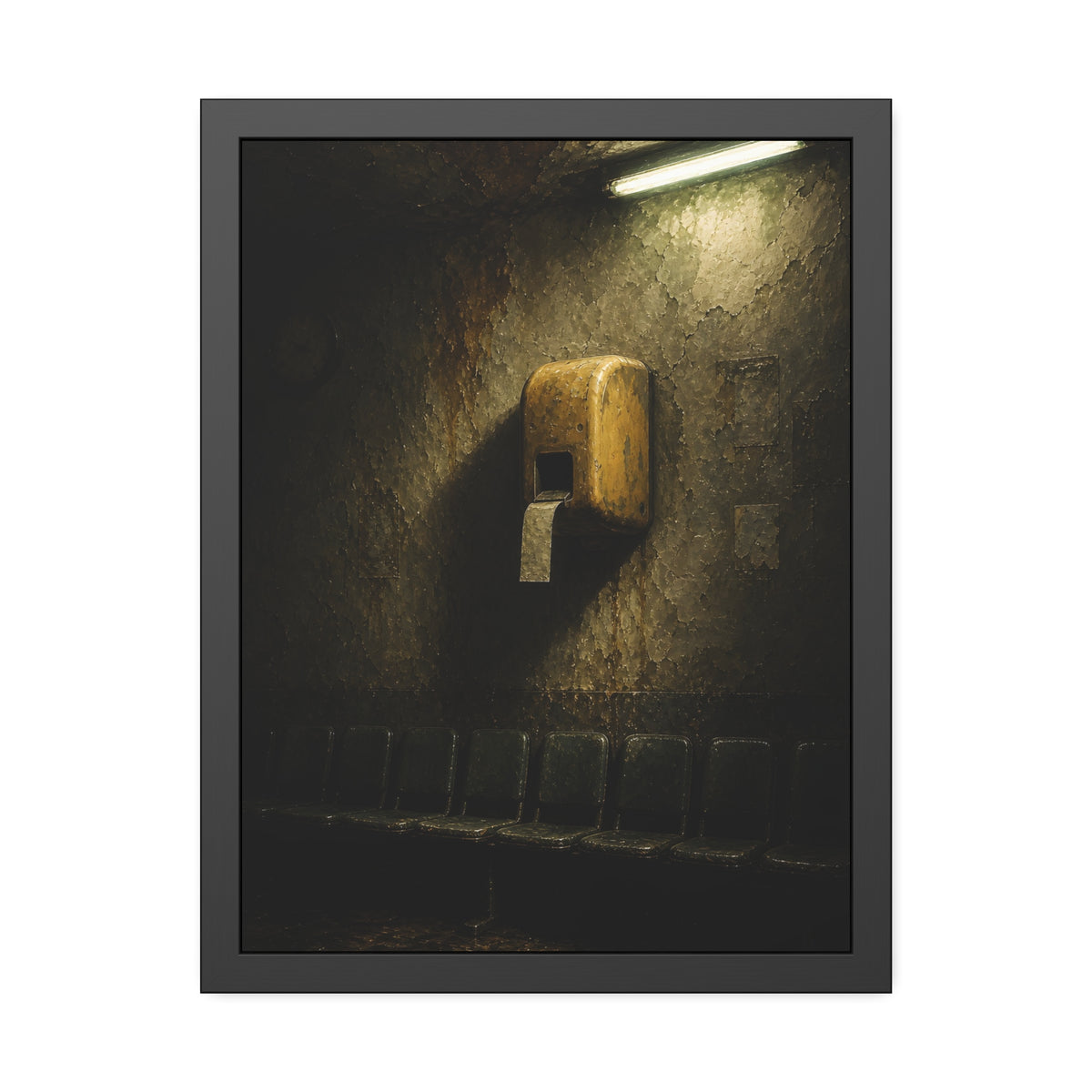 Yellow ticket dispenser on a stained wall above empty seats. Before the First Name by Garabaggio, framed fine art print, 18″ x 24″.