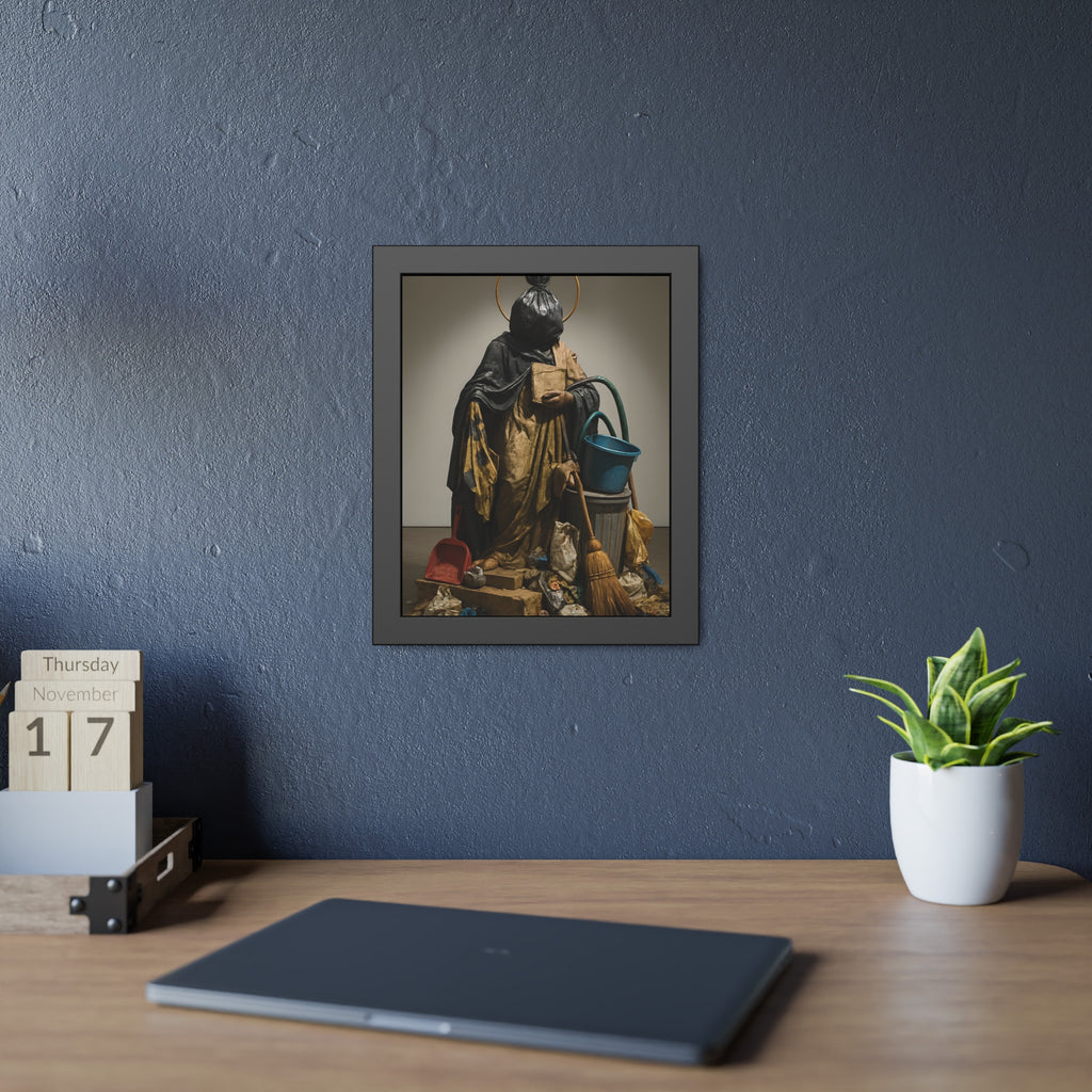 A robed figure with a garbage bag head and gold halo holding a broom. The Custodian Enthroned by Garabaggio, framed fine art print hanging in a room.