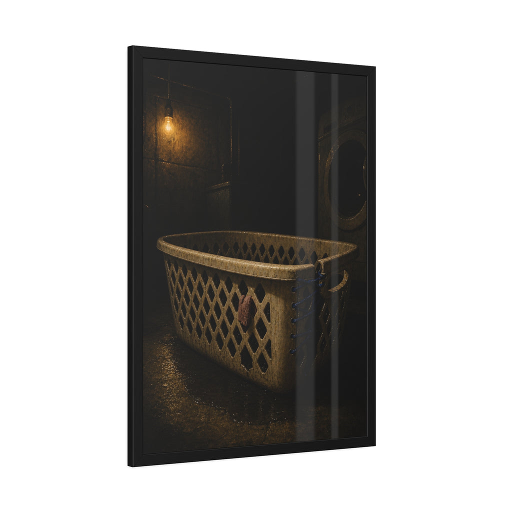 A laundry basket laced shut with blue cord under a bare bulb. The Binding with Blue Cord by Garabaggio, framed fine art print hanging in a room.