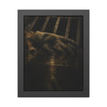 A single work glove on a storm drain grate above dark standing water. The Descent Into the Drain by Garabaggio, framed fine art print, 11″ x 14″.