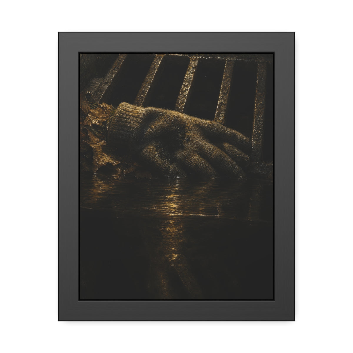 A single work glove on a storm drain grate above dark standing water. The Descent Into the Drain by Garabaggio, framed fine art print, 11″ x 14″.