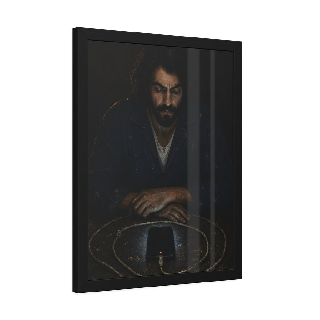 A bearded man at a table watching a phone charging inside a coiled cable. The Vigil of the Charging Cord by Garabaggio, framed fine art print hanging in a room.
