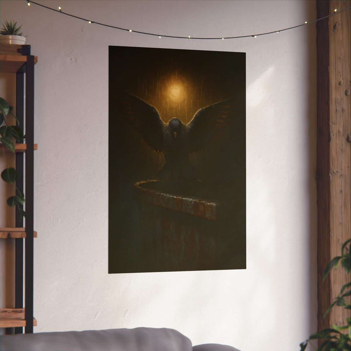 A pigeon with wings spread on a dumpster rim under a lamp in the rain. The Passion (Study in Rain) by Garabaggio, fine art print hanging in a room.