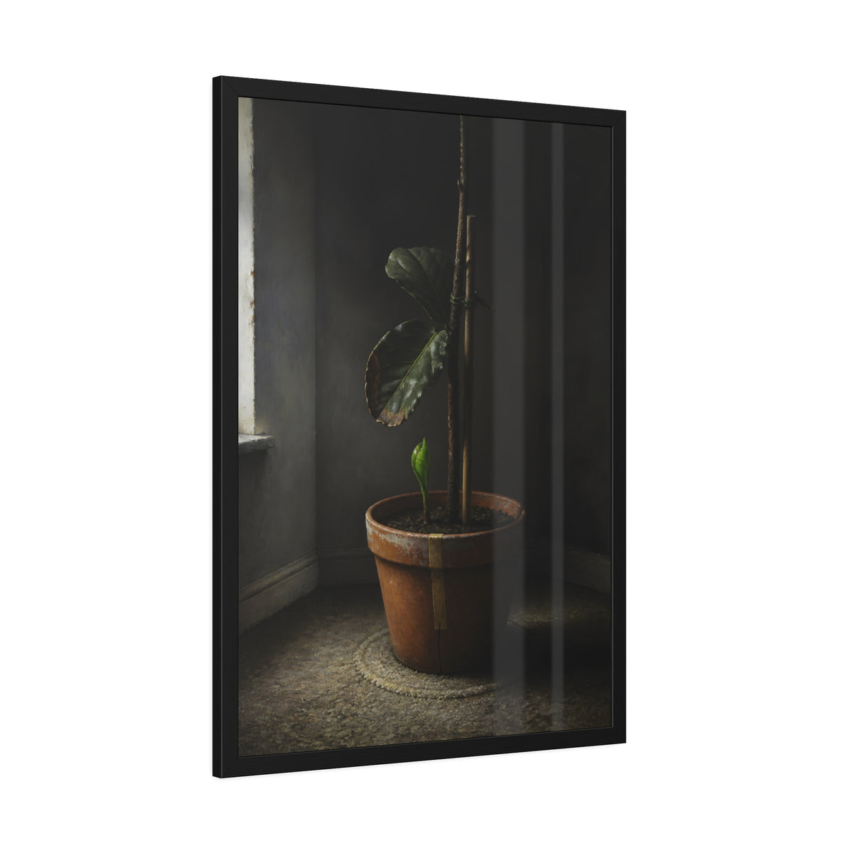 A potted plant down to two curled leaves and one new sprout by a window. The Corner by the Window Again by Garabaggio, framed fine art print hanging in a room.