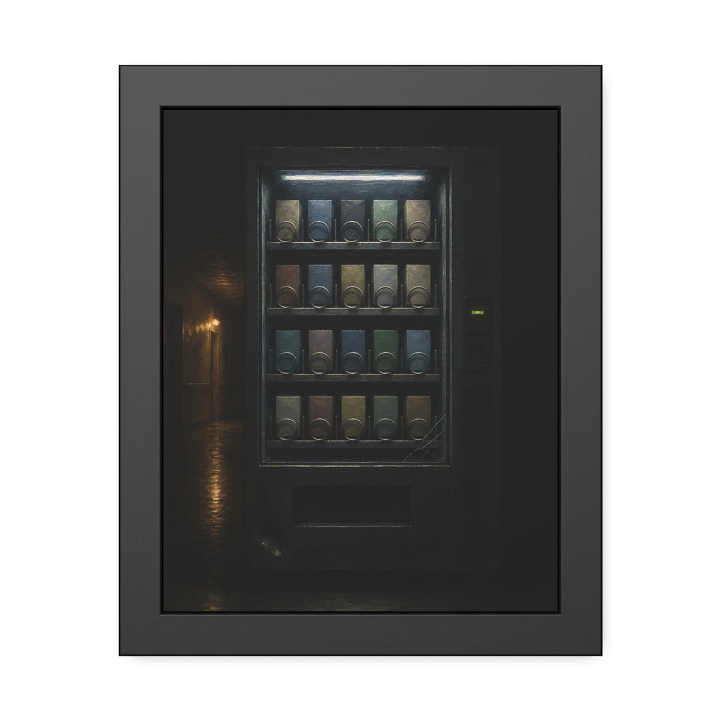 A fully stocked lit vending machine at the end of a dark corridor. The Full Grid at Closing by Garabaggio, framed fine art print, 11″ x 14″.