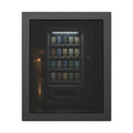 A fully stocked lit vending machine at the end of a dark corridor. The Full Grid at Closing by Garabaggio, framed fine art print, 11″ x 14″.