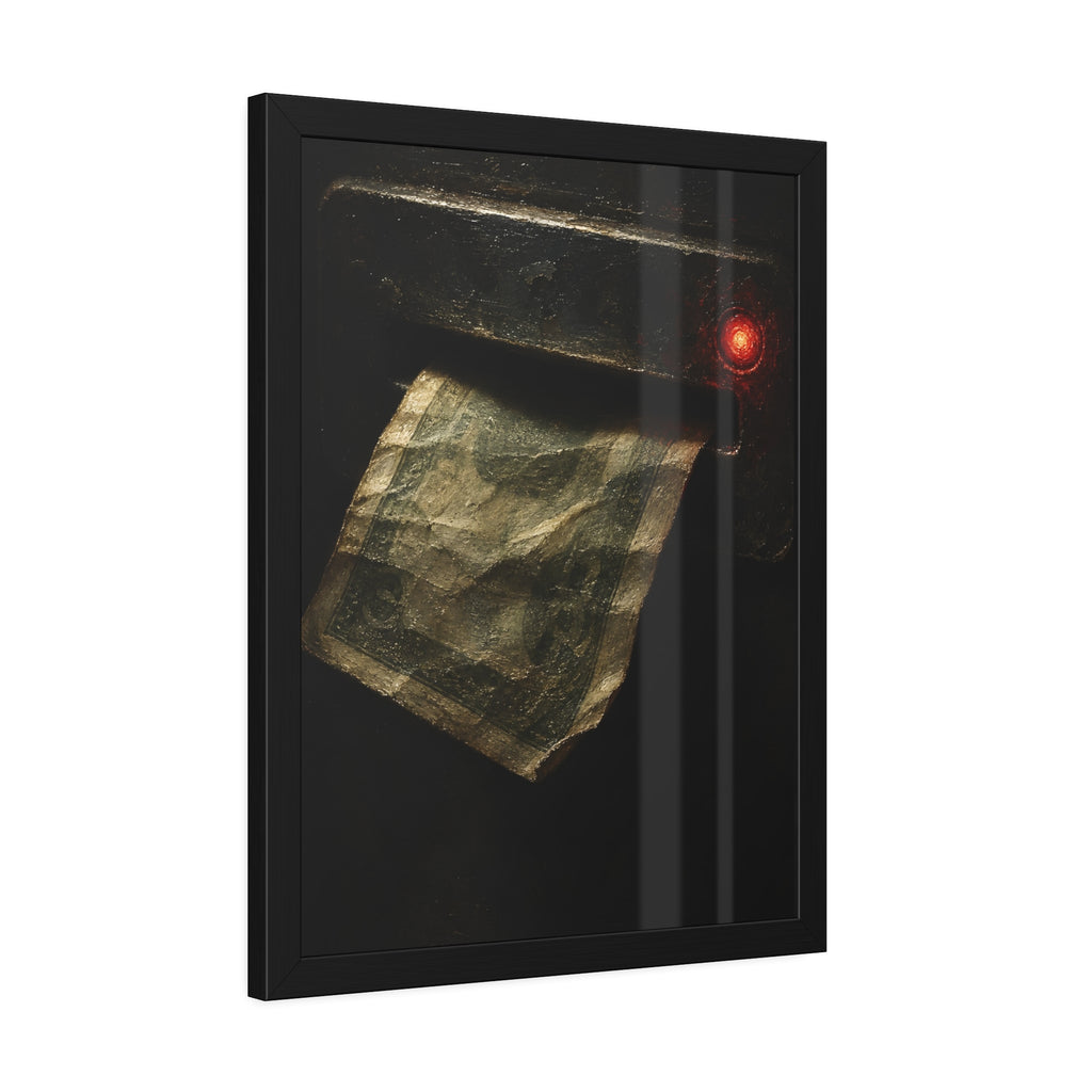 A worn bill pushed back out of a machine slot beside a red light. The Change Machine's Refusal by Garabaggio, framed fine art print hanging in a room.