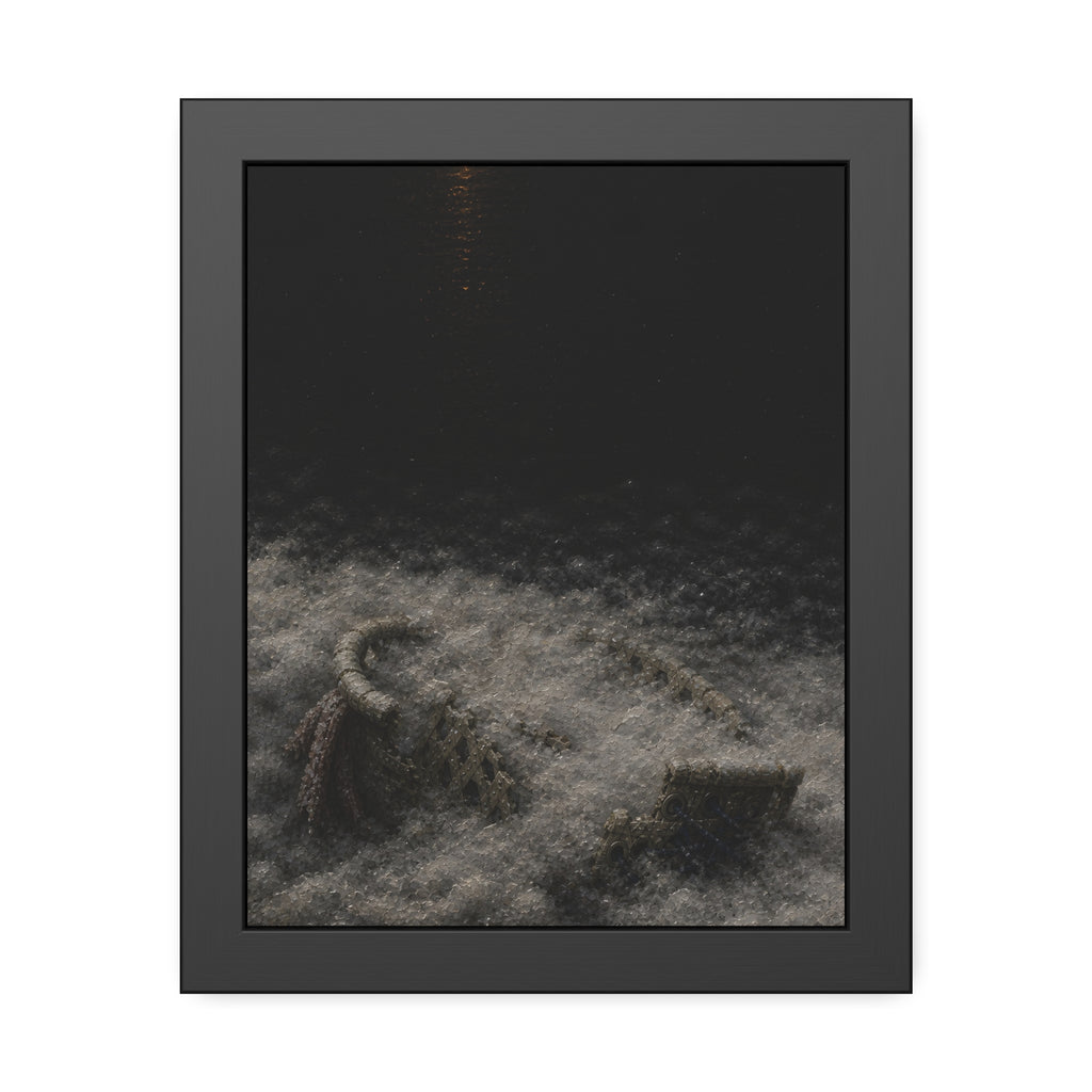 A broken laundry basket half buried in a snowbank under a distant light. Lattice in the Snowbank by Garabaggio, framed fine art print, 11″ x 14″.