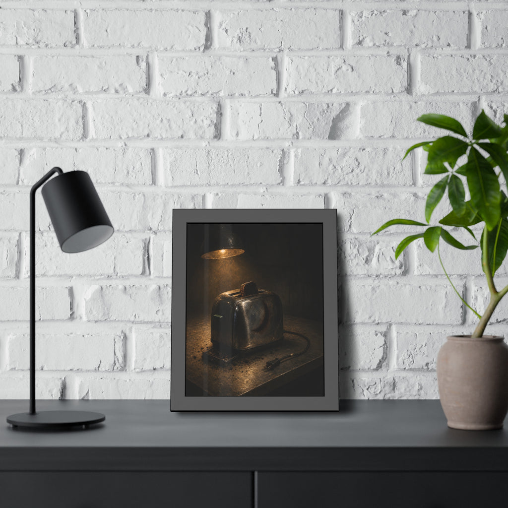 A scorched toaster under a work lamp, burnt toast standing in its slot. The Table of Examination by Garabaggio, framed fine art print hanging in a room.