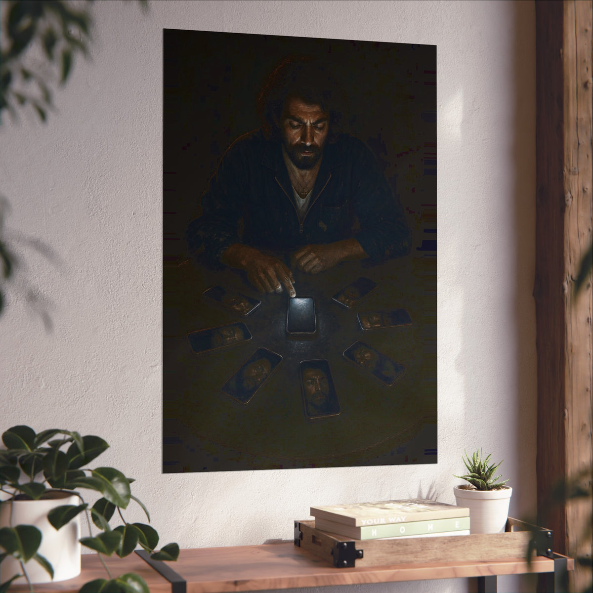 A bearded man at a dark table ringed by phones, one lit screen under his hand. The Congregation of Faces by Garabaggio, fine art print hanging in a room.