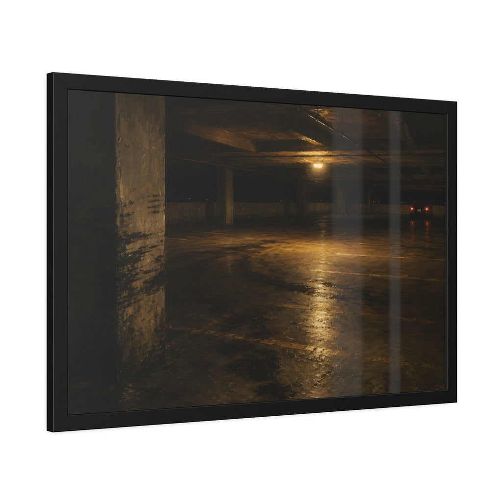 An empty concrete parking deck lit by one ceiling lamp, tail lights beyond. The Parking Garage, Level 4 by Garabaggio, framed fine art print hanging in a room.