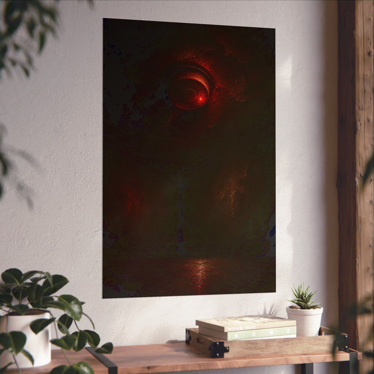 A ceiling smoke detector glowing red in an empty peeling room. The Alarm in an Empty Room by Garabaggio, fine art print hanging in a room.