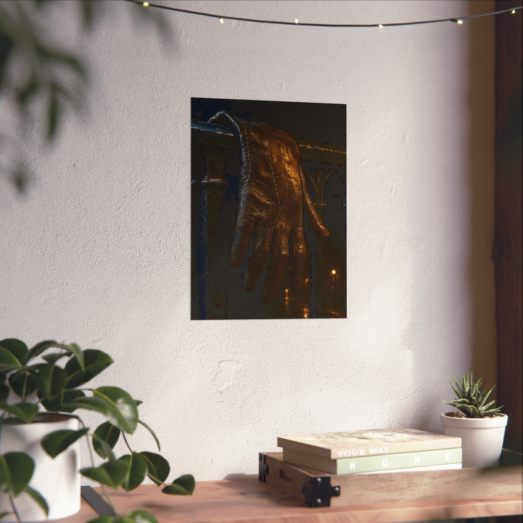 A leather glove draped over an iron railing, fingers hanging. The Repose of the Leather Glove, No. 1 by Garabaggio, fine art print hanging in a room.