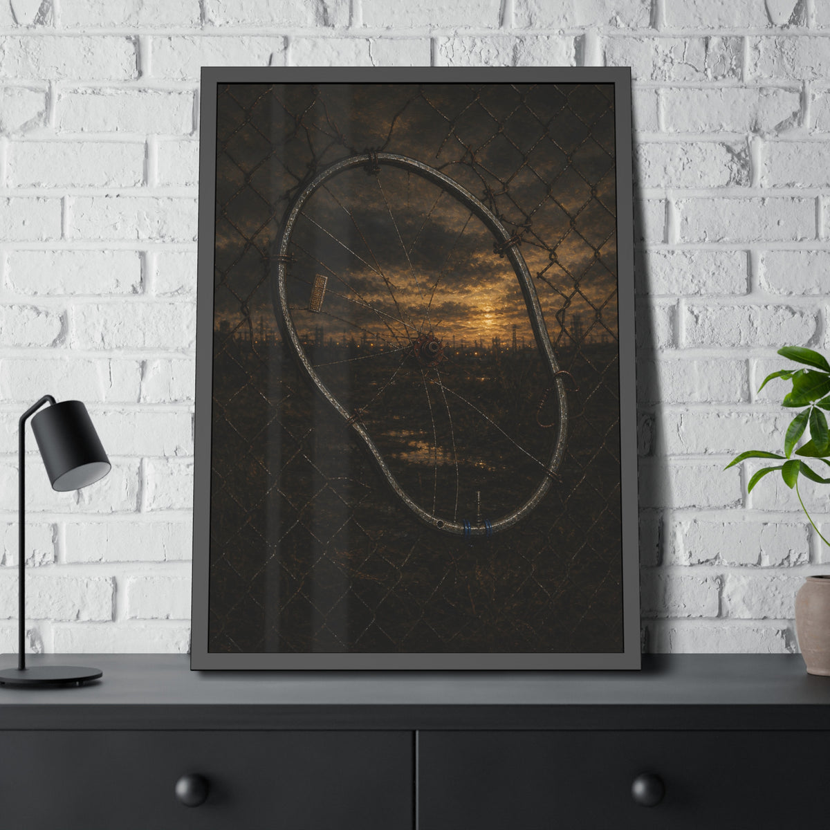 A bent bicycle wheel woven into a chain link fence against a dim sunset. The Fence Repair by Garabaggio, framed fine art print hanging in a room.