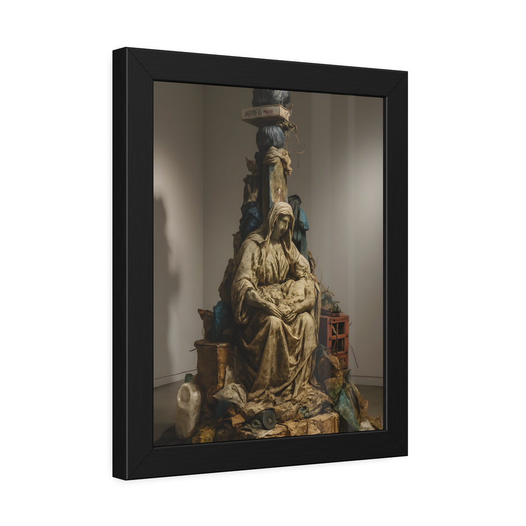 Seated hooded figure cradling a bundle on a mound of bagged refuse. Pietà of the Curbside by Garabaggio, framed fine art print hanging in a room.