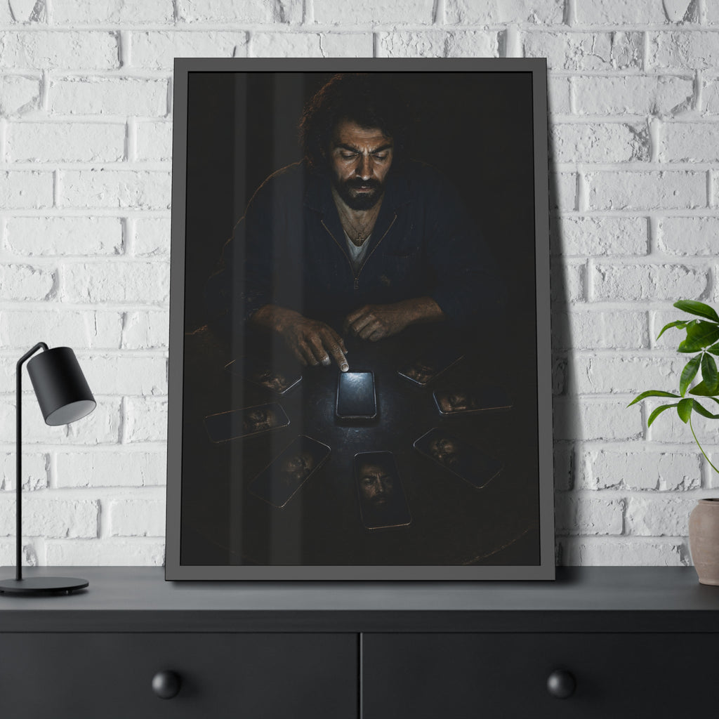 A bearded man at a dark table ringed by phones, one lit screen under his hand. The Congregation of Faces by Garabaggio, framed fine art print hanging in a room.
