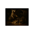 Raccoons feeding on scraps around a tipped metal trash can in the dark. The Calling of St. Trash by Garabaggio, fine art print, 16″ x 12″.