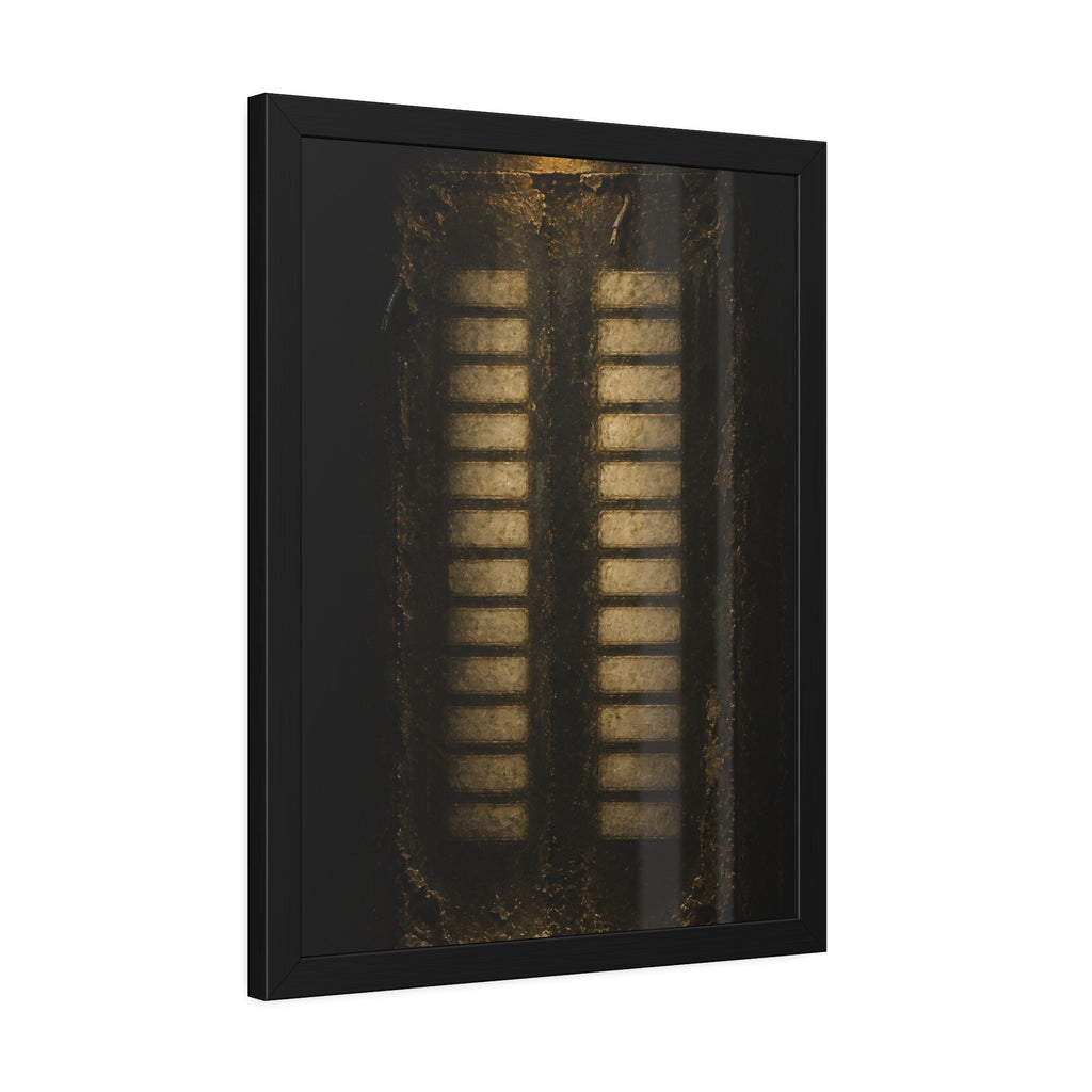 Two columns of blank name slots on a corroded intercom panel. Twenty-Four Pale Rectangles by Garabaggio, framed fine art print hanging in a room.
