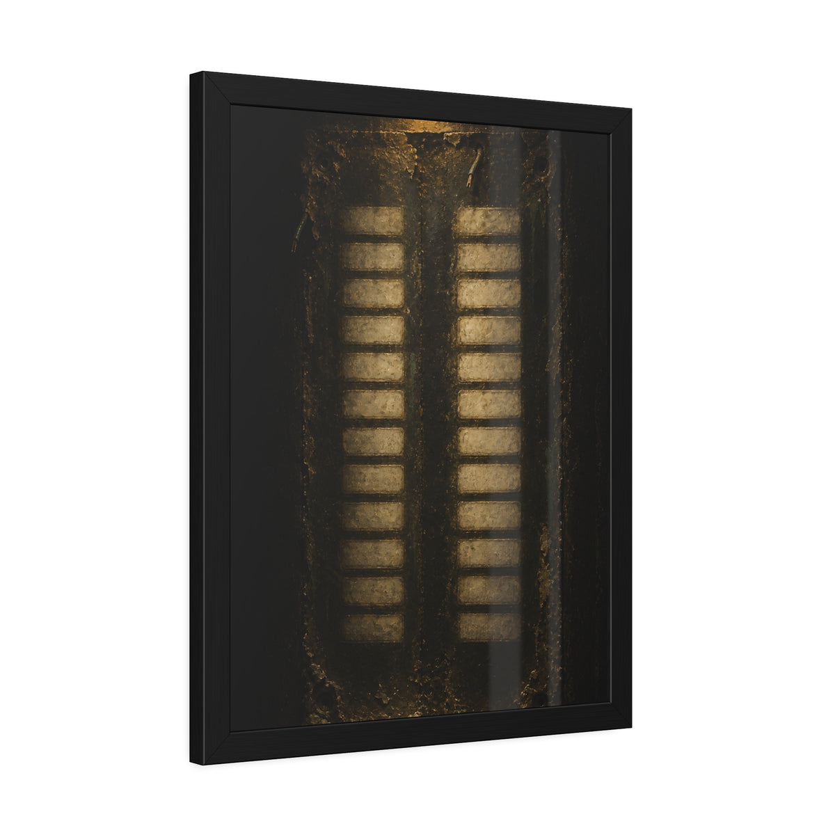 Two columns of blank name slots on a corroded intercom panel. Twenty-Four Pale Rectangles by Garabaggio, framed fine art print hanging in a room.