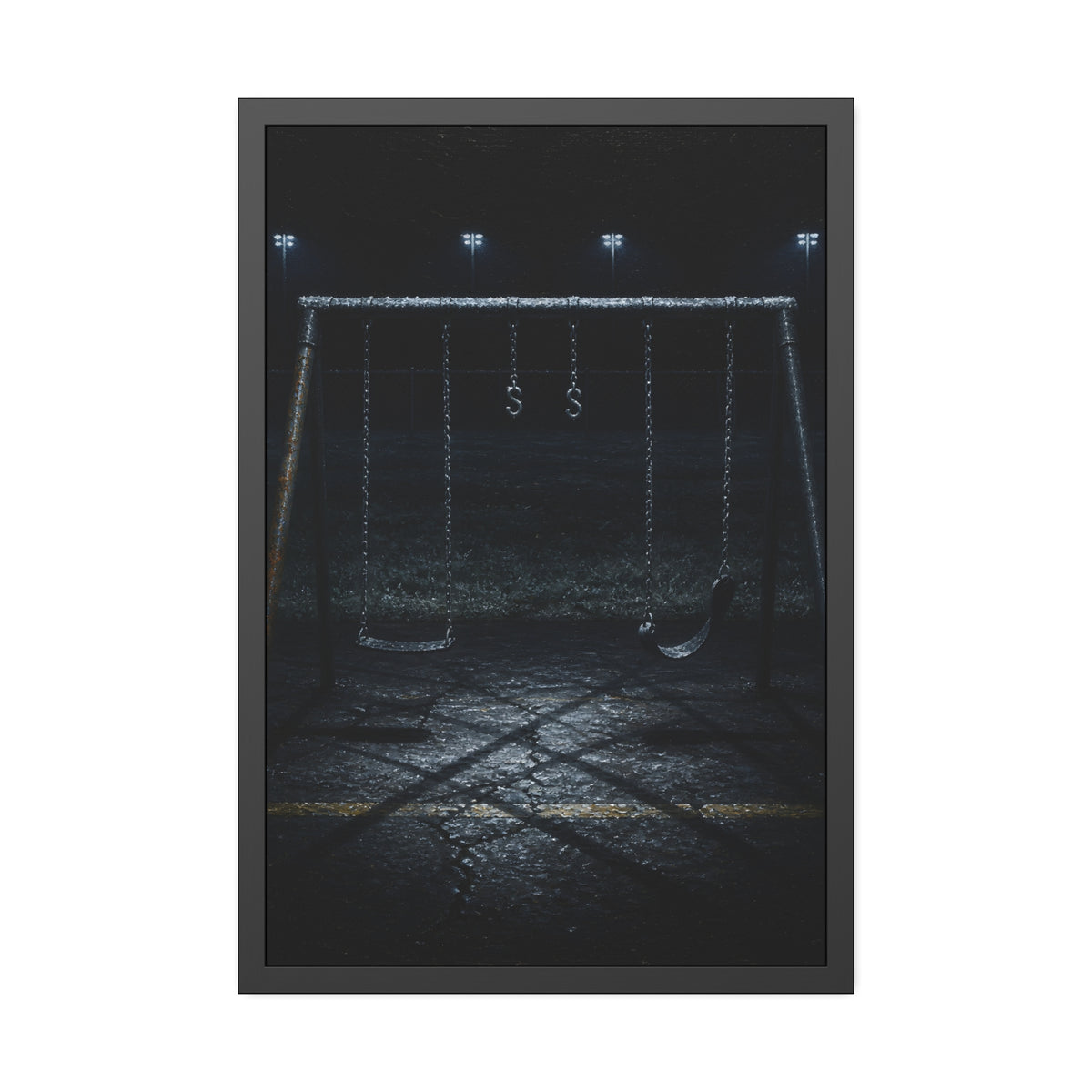 An empty swing set with frost on its crossbar under floodlights. Midnight: The Frost on the Crossbar by Garabaggio, framed fine art print, 24″ x 36″.