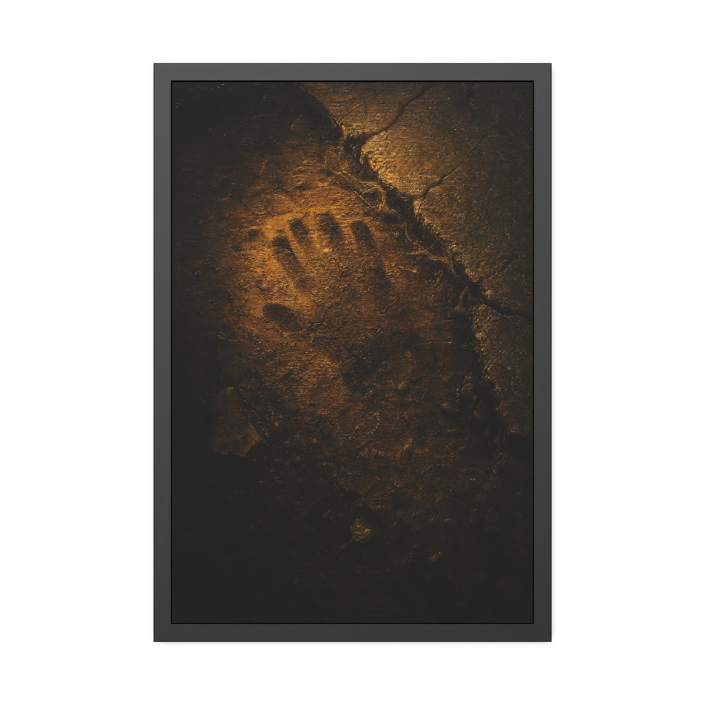A glove shaped imprint left in cracked asphalt under warm light. The Assumption, or: What Remains by Garabaggio, framed fine art print hanging in a room.