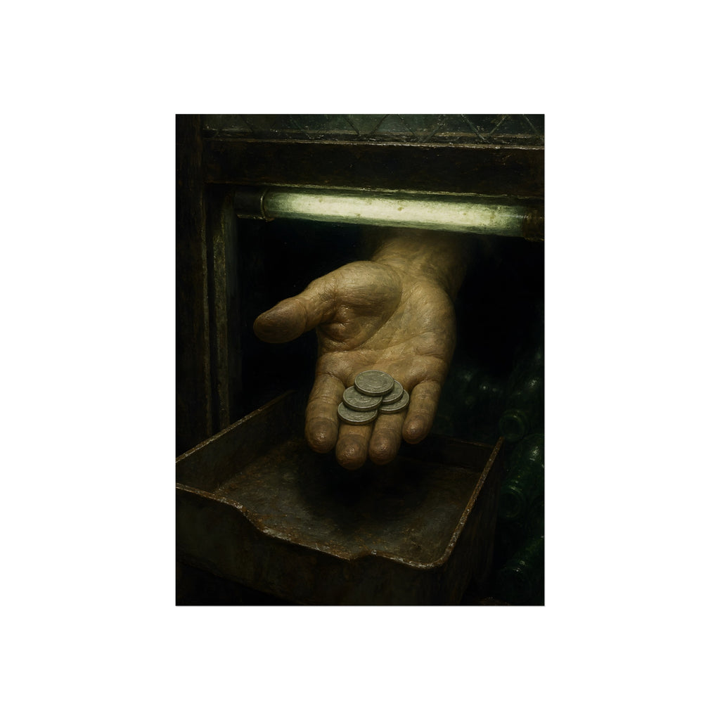 An open palm holding coins over a metal tray under a fluorescent tube. The Nickel Rendered by Garabaggio, fine art print, 12″ x 16″.