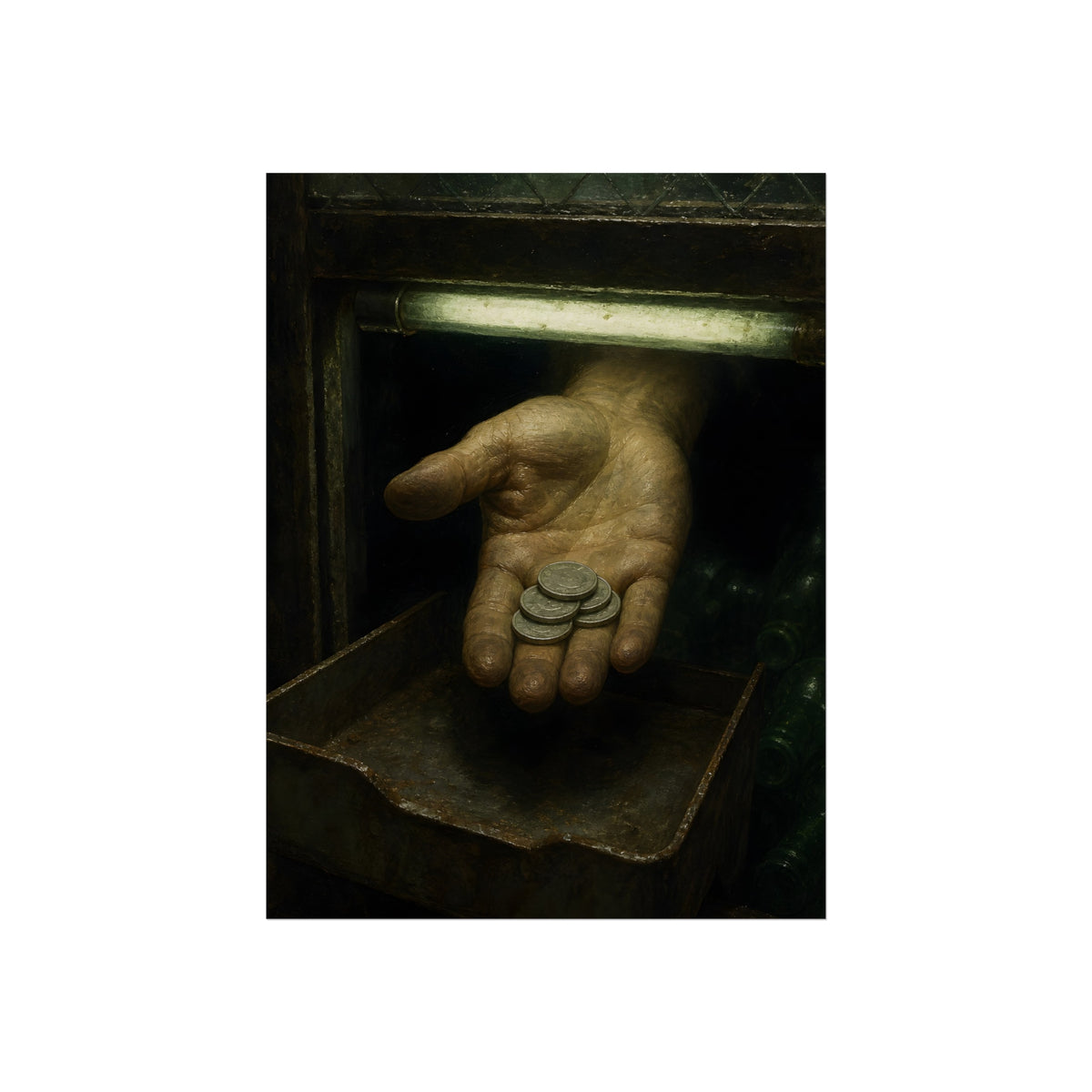 An open palm holding coins over a metal tray under a fluorescent tube. The Nickel Rendered by Garabaggio, fine art print, 12″ x 16″.