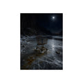 A rusted shopping cart frozen into moonlit river ice. The Wintering in the Ice by Garabaggio, fine art print, 12″ x 16″.