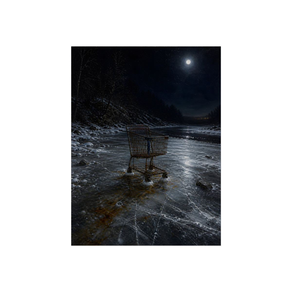 A rusted shopping cart frozen into moonlit river ice. The Wintering in the Ice by Garabaggio, fine art print, 12″ x 16″.