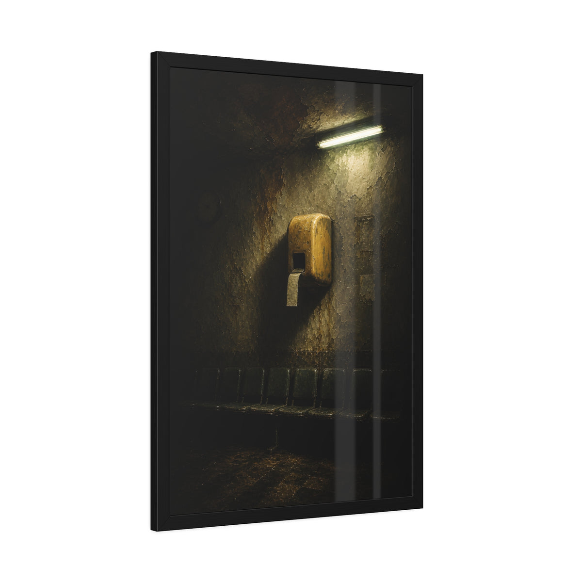 Yellow ticket dispenser on a stained wall above empty seats. Before the First Name by Garabaggio, framed fine art print hanging in a room.
