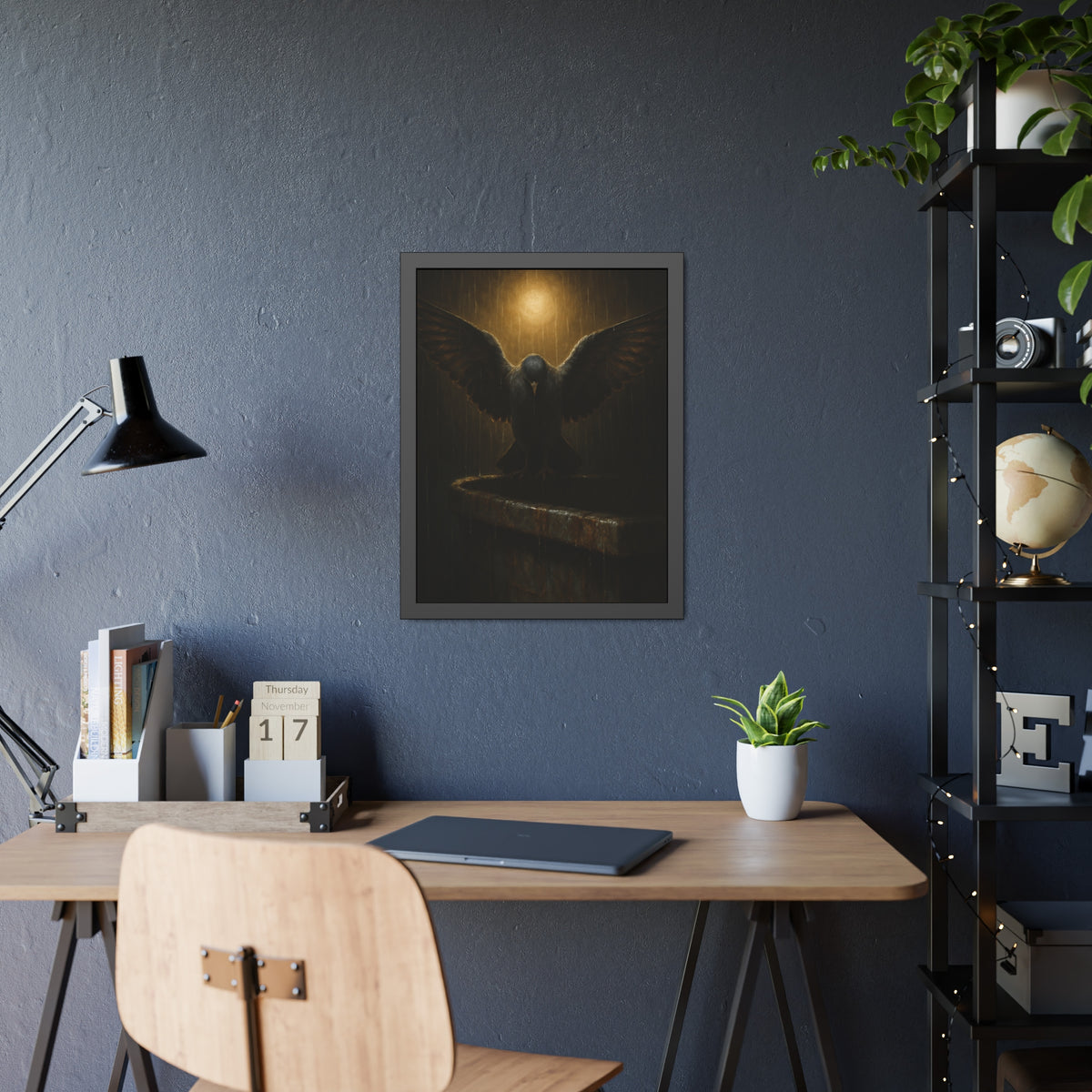 A pigeon with wings spread on a dumpster rim under a lamp in the rain. The Passion (Study in Rain) by Garabaggio, framed fine art print hanging in a room.