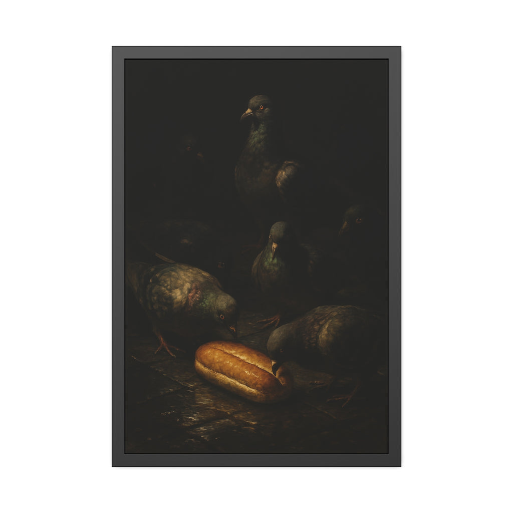 Pigeons crowding around a bread roll on dark stone paving. The Congregation at the Bun by Garabaggio, framed fine art print hanging in a room.