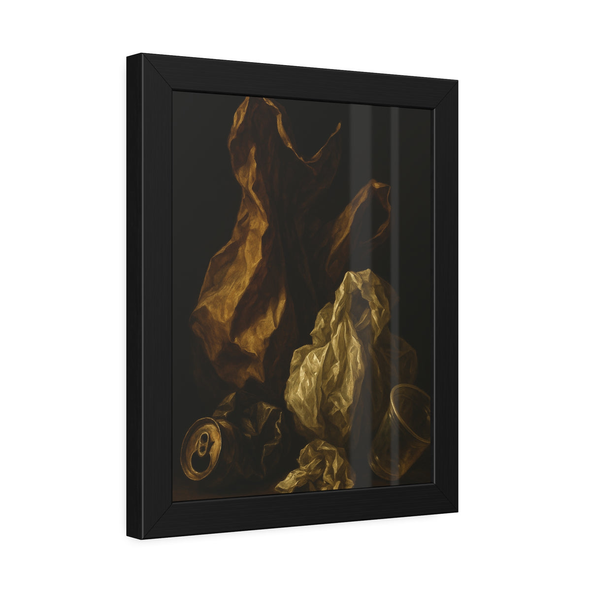 A plastic bag and crumpled paper beside a crushed can and clear cup. The Two Penitents by Garabaggio, framed fine art print hanging in a room.