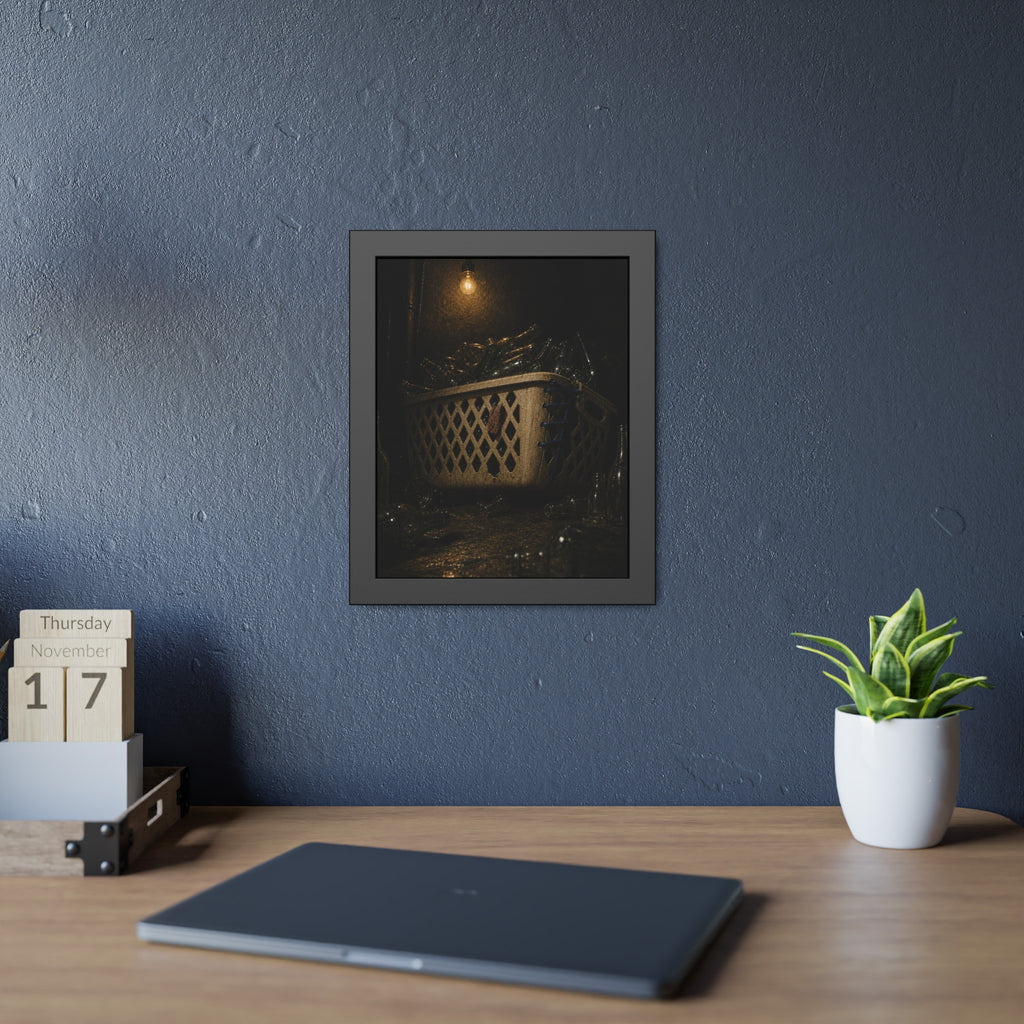 A laundry basket filled with glass bottles under a bare hanging bulb. The Second Life for Bottles by Garabaggio, framed fine art print hanging in a room.