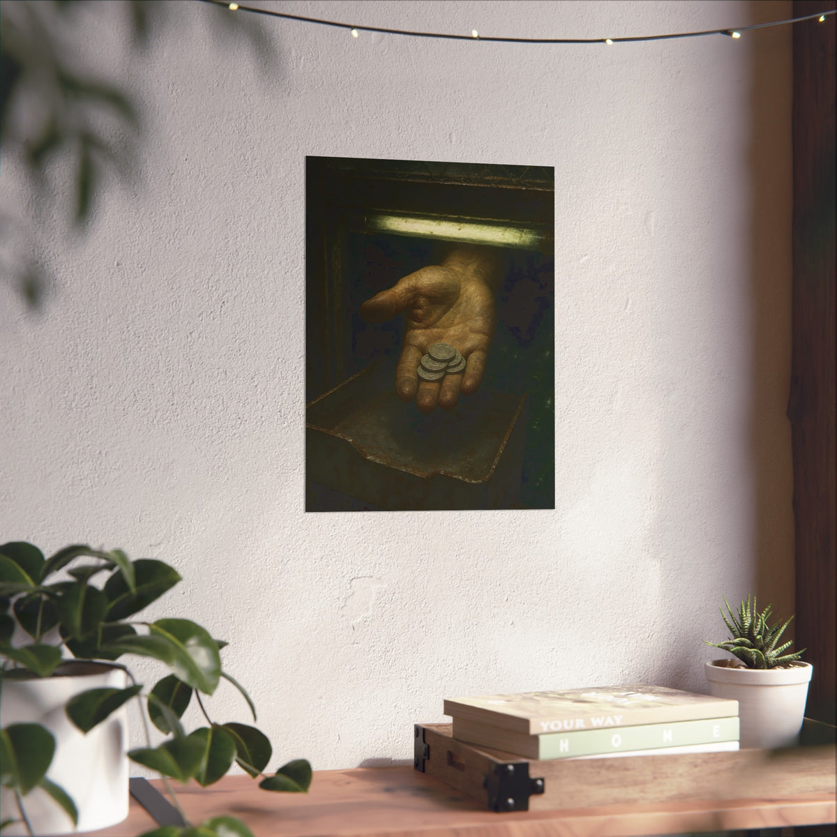 An open palm holding coins over a metal tray under a fluorescent tube. The Nickel Rendered by Garabaggio, fine art print hanging in a room.