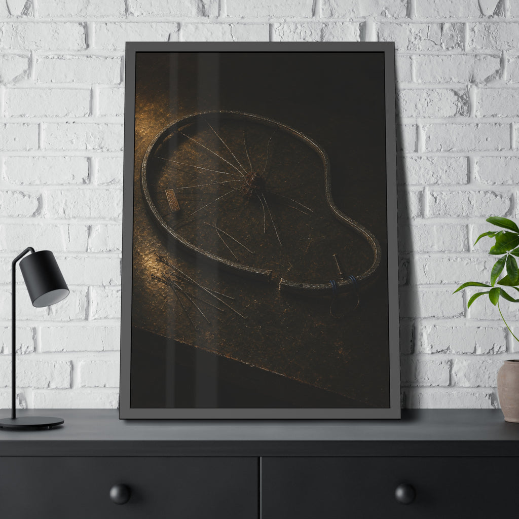 A bent bicycle wheel rim with loose spokes on a dark table in warm light. The Cutting of the Circle by Garabaggio, framed fine art print hanging in a room.