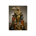 Robed figure with a halo and umbrella rising from trash bags and crates. Our Lady of Perpetual Shelter by Garabaggio, fine art print, 12″ x 16″.