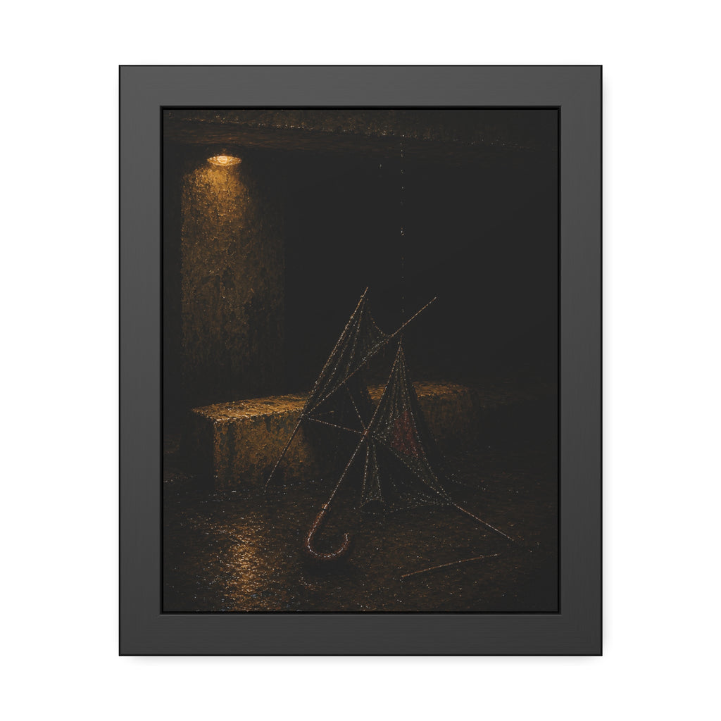 A broken umbrella collapsed on wet ground below a loading dock lamp. The Vigil Beneath the Loading Dock by Garabaggio, framed fine art print, 11″ x 14″.