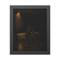 A broken umbrella collapsed on wet ground below a loading dock lamp. The Vigil Beneath the Loading Dock by Garabaggio, framed fine art print, 11″ x 14″.