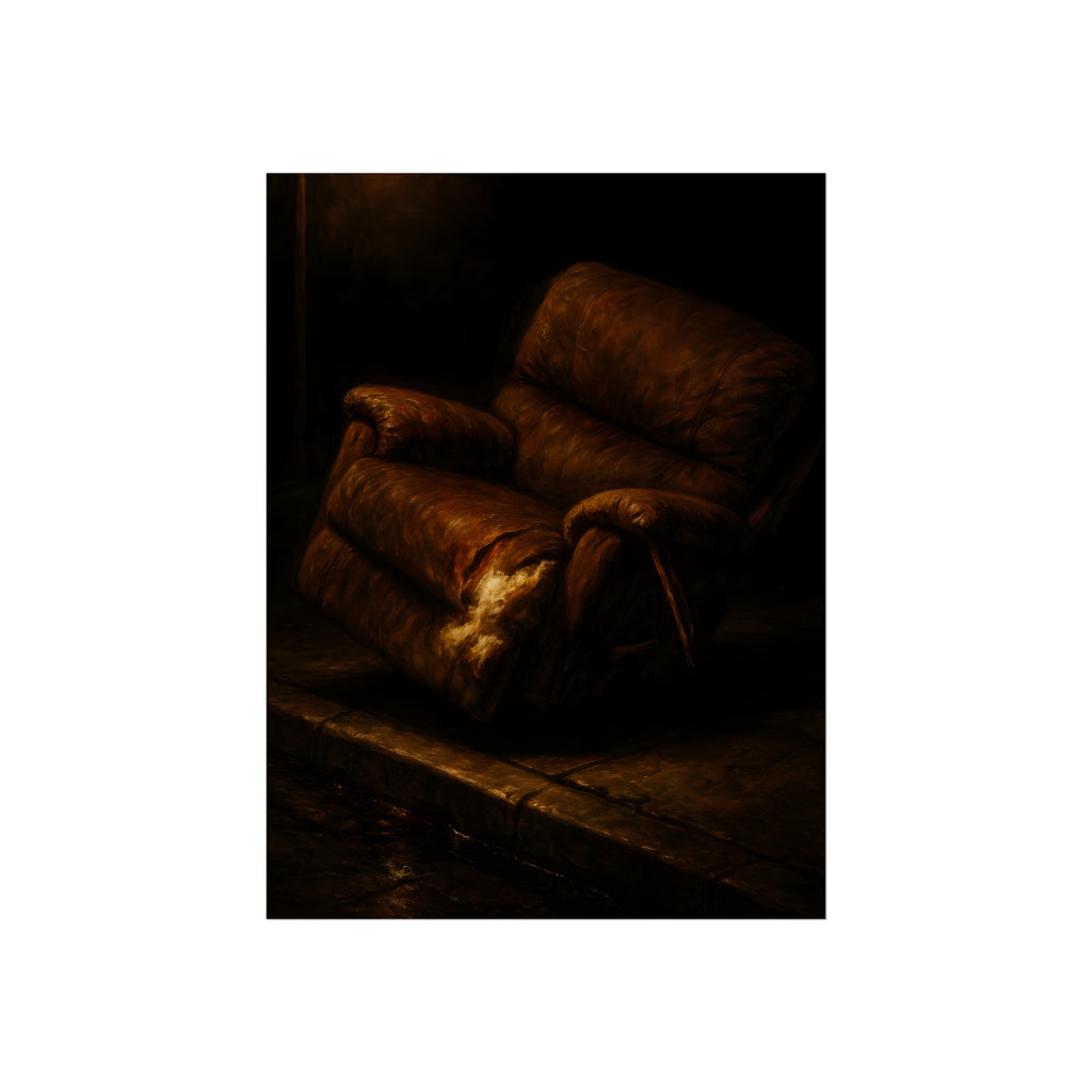 A torn brown recliner tipped on a curb in dim warm light. The Deposition of the Broken Recliner by Garabaggio, fine art print hanging in a room.
