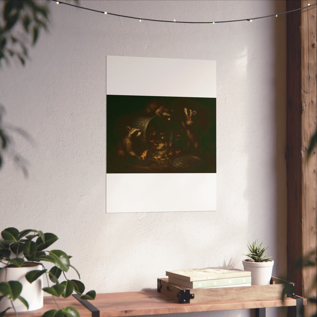 Raccoons around a tipped metal trash can, scattering food scraps. The Vigil of the Midnight Feast by Garabaggio, fine art print hanging in a room.