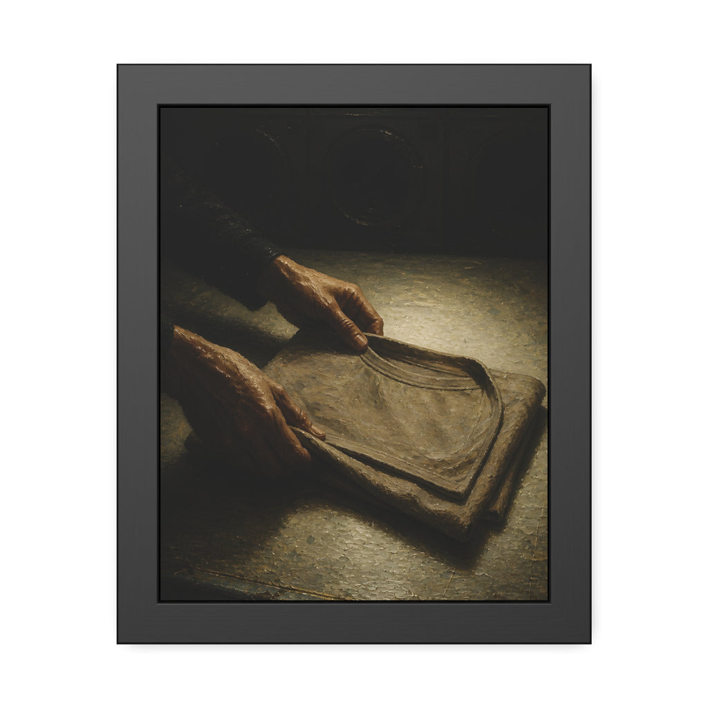 Two hands folding a shirt on a laundromat table with washers behind. The Folding at Two A.M by Garabaggio, framed fine art print, 11″ x 14″.