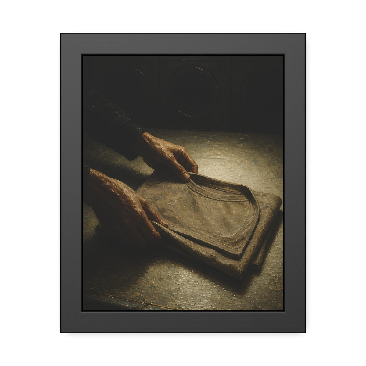 Two hands folding a shirt on a laundromat table with washers behind. The Folding at Two A.M by Garabaggio, framed fine art print, 11″ x 14″.