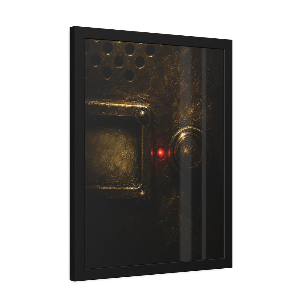 Close on an intercom nameplate and button with a small red light. The First Buzz at Dusk by Garabaggio, framed fine art print hanging in a room.