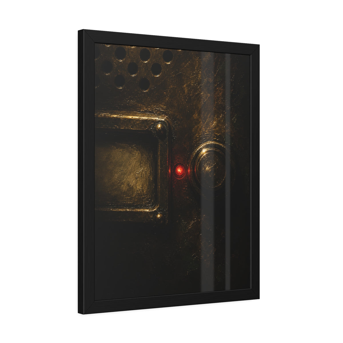 Close on an intercom nameplate and button with a small red light. The First Buzz at Dusk by Garabaggio, framed fine art print hanging in a room.