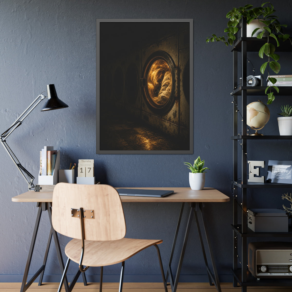 A row of dryers with one drum lit and tumbling in a dark laundromat. The Last Dryer Turning by Garabaggio, framed fine art print hanging in a room.