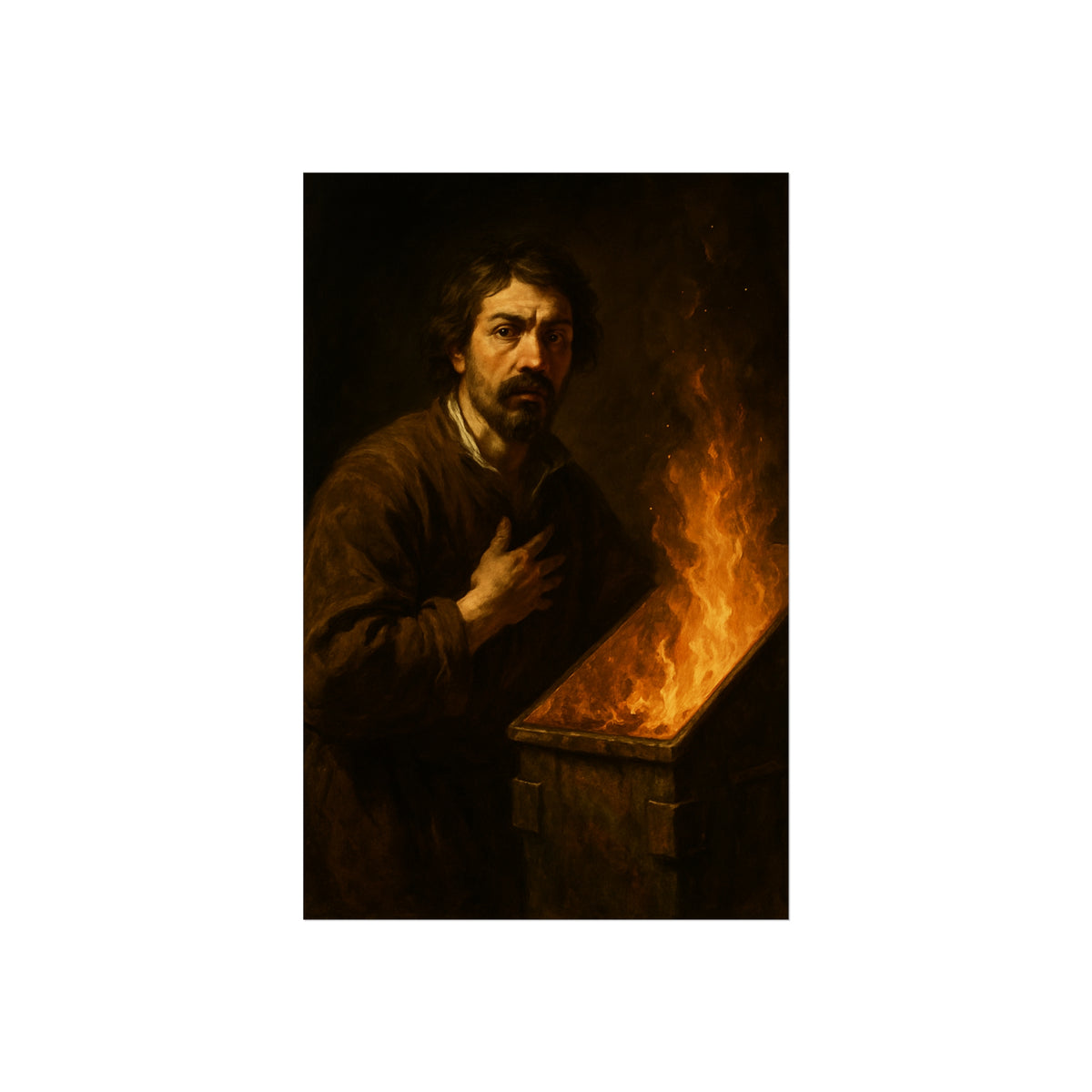 Man with a hand on his chest as flames run the length of a dumpster. Self-Portrait in the Final Hour by Garabaggio, fine art print hanging in a room.